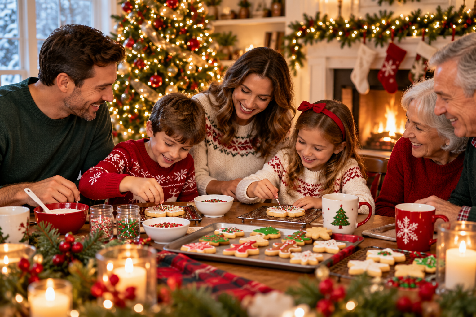 Family in holiday sweaters decorating cookies.