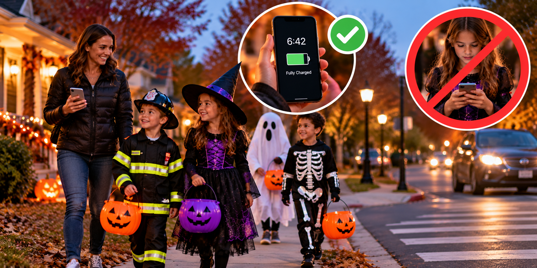 Halloween night with picture of phone with a full charge.