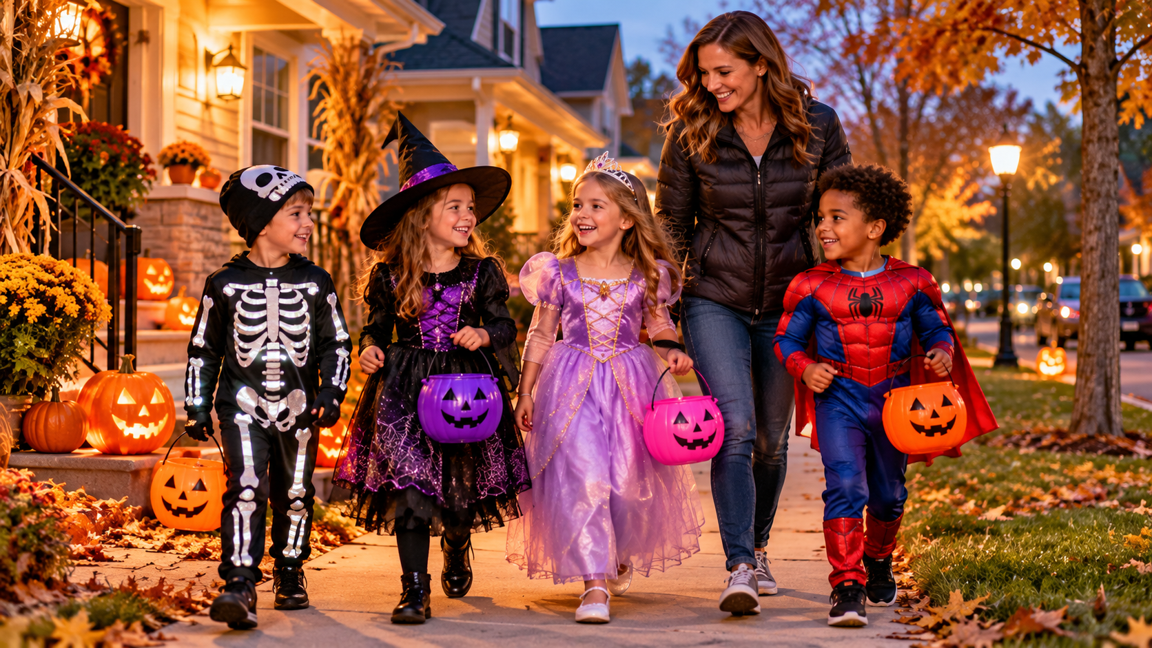A woman walking with costumed Halloween kids.
