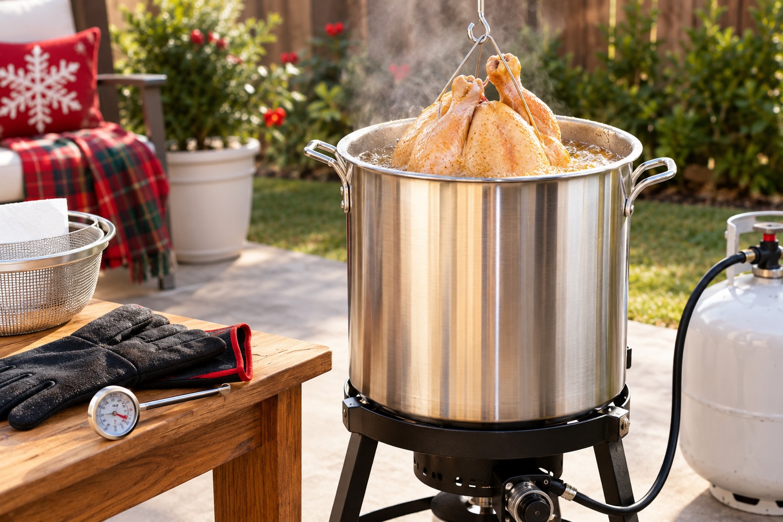 Turkey fryer ina holiday decorated backyard.