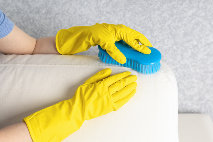 Woman brushing clean an upholstered couch.