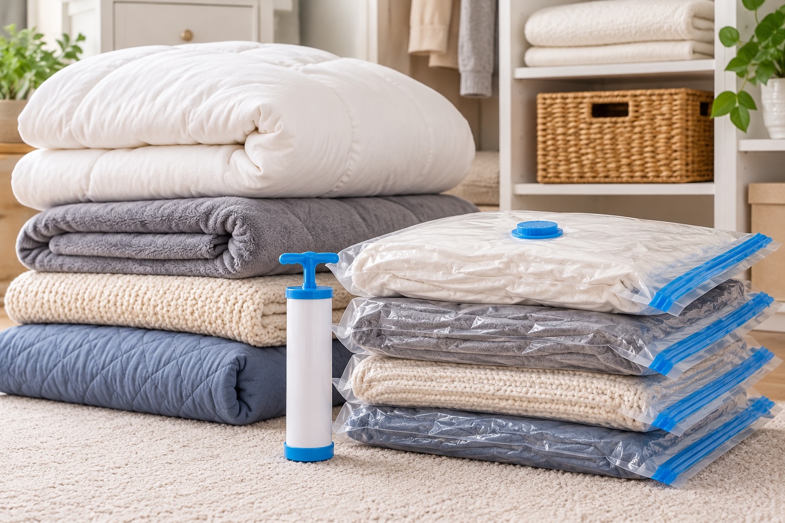 Blankets in vacuum storage bags.