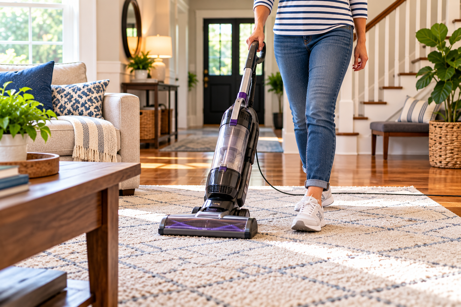 Woman vacuuming a living room floor.