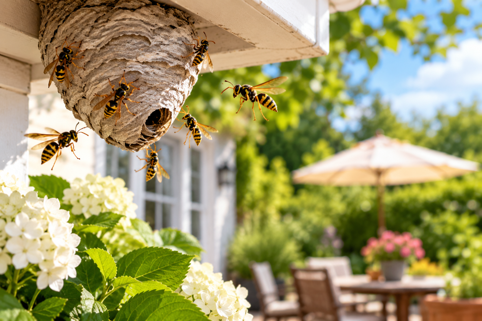 Wasps flying around a nest in a backyard.