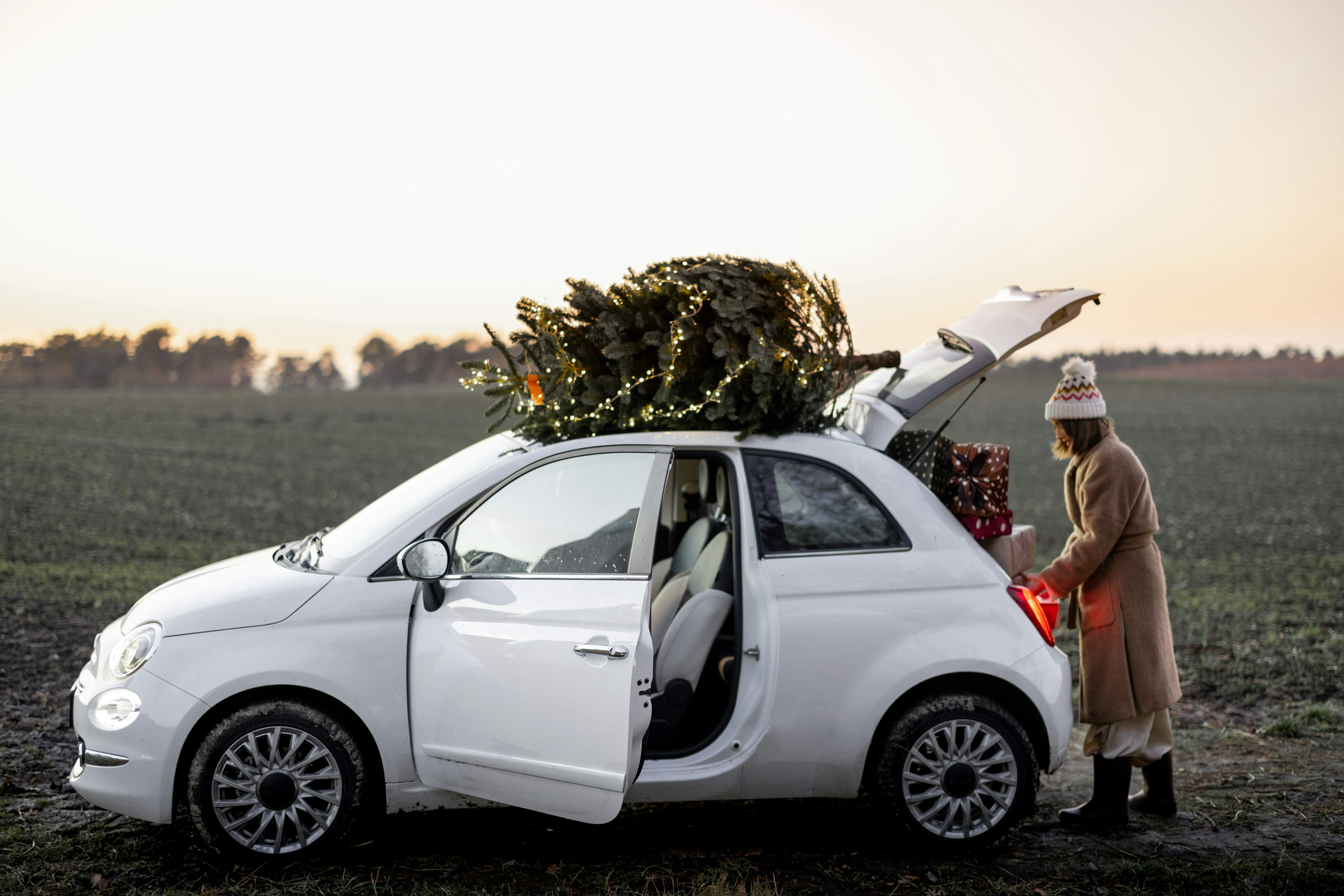 Woman with a white car and a Christmas tree on top.